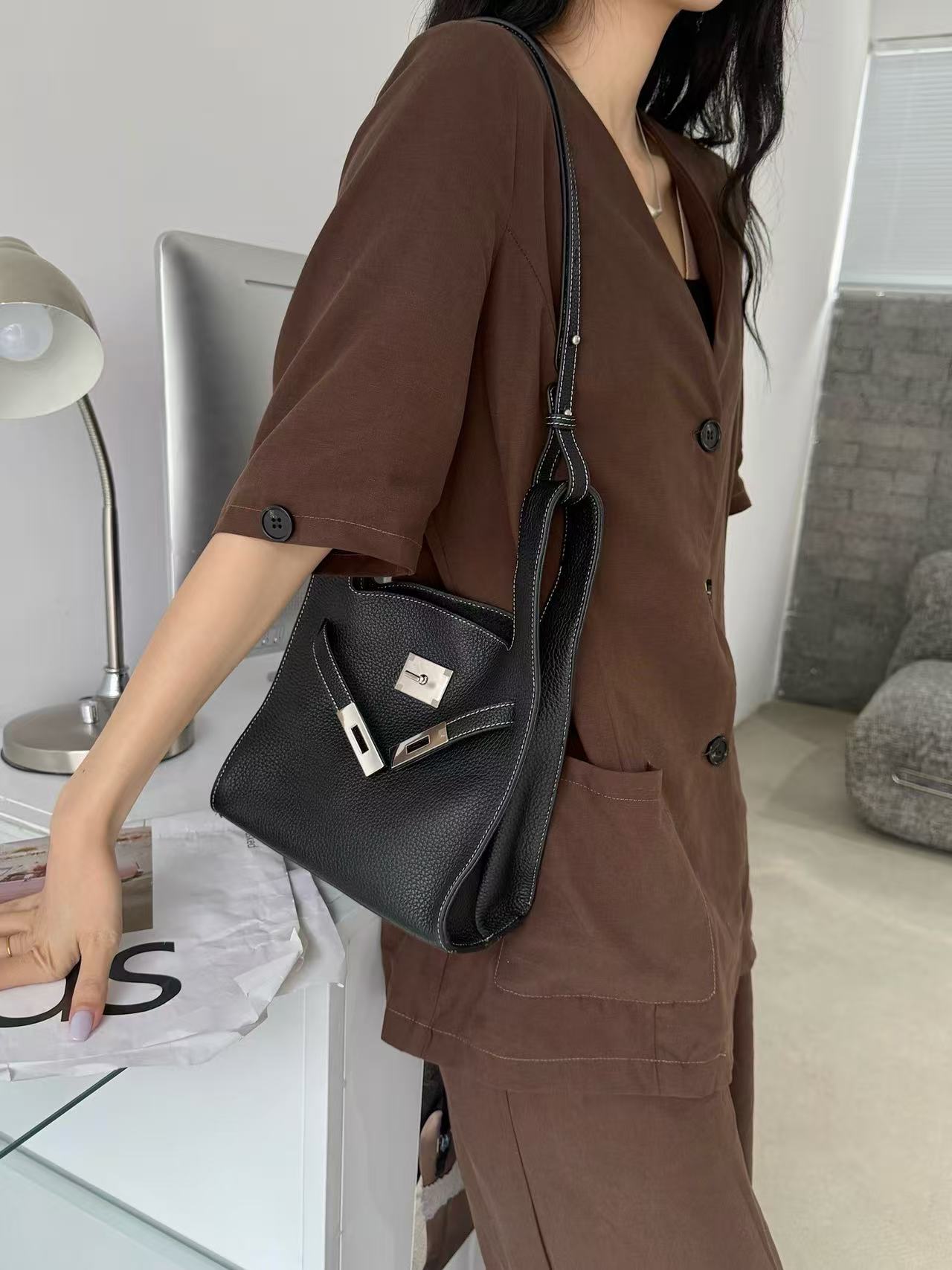 Mini Leather Tote with Turn-Lock Closure and Shoulder Strap
