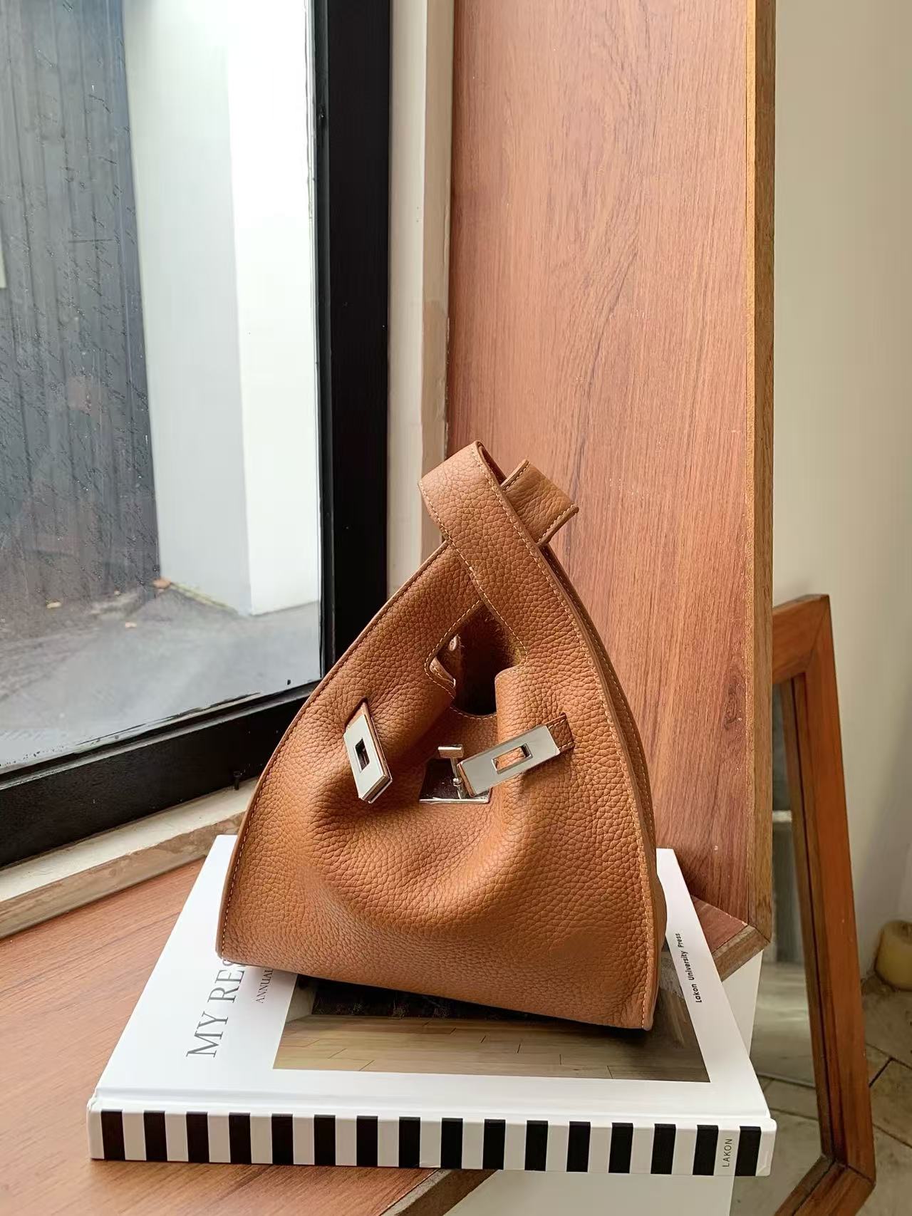 Mini Leather Tote with Turn-Lock Closure and Shoulder Strap
