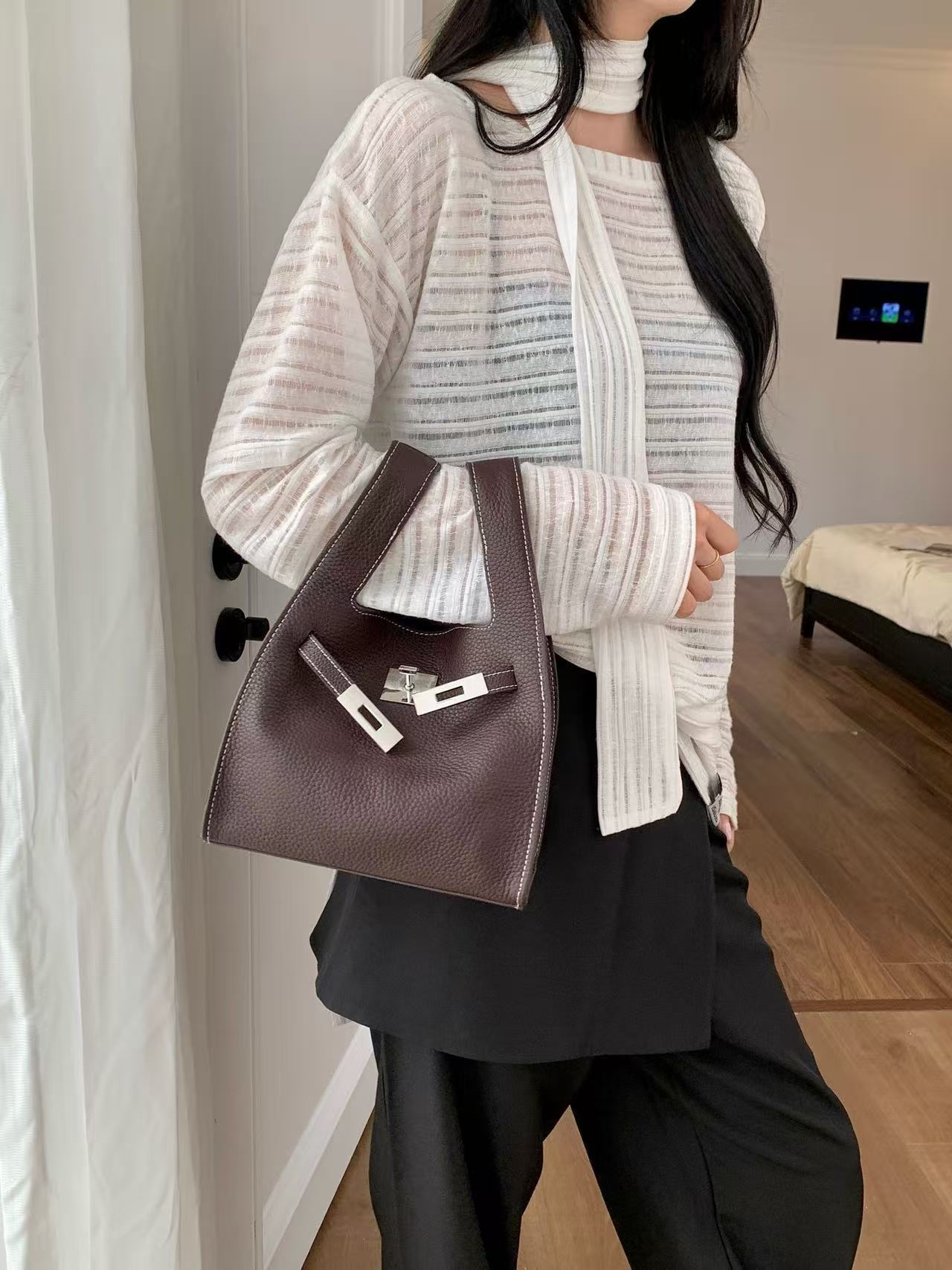 Mini Leather Tote with Turn-Lock Closure and Shoulder Strap