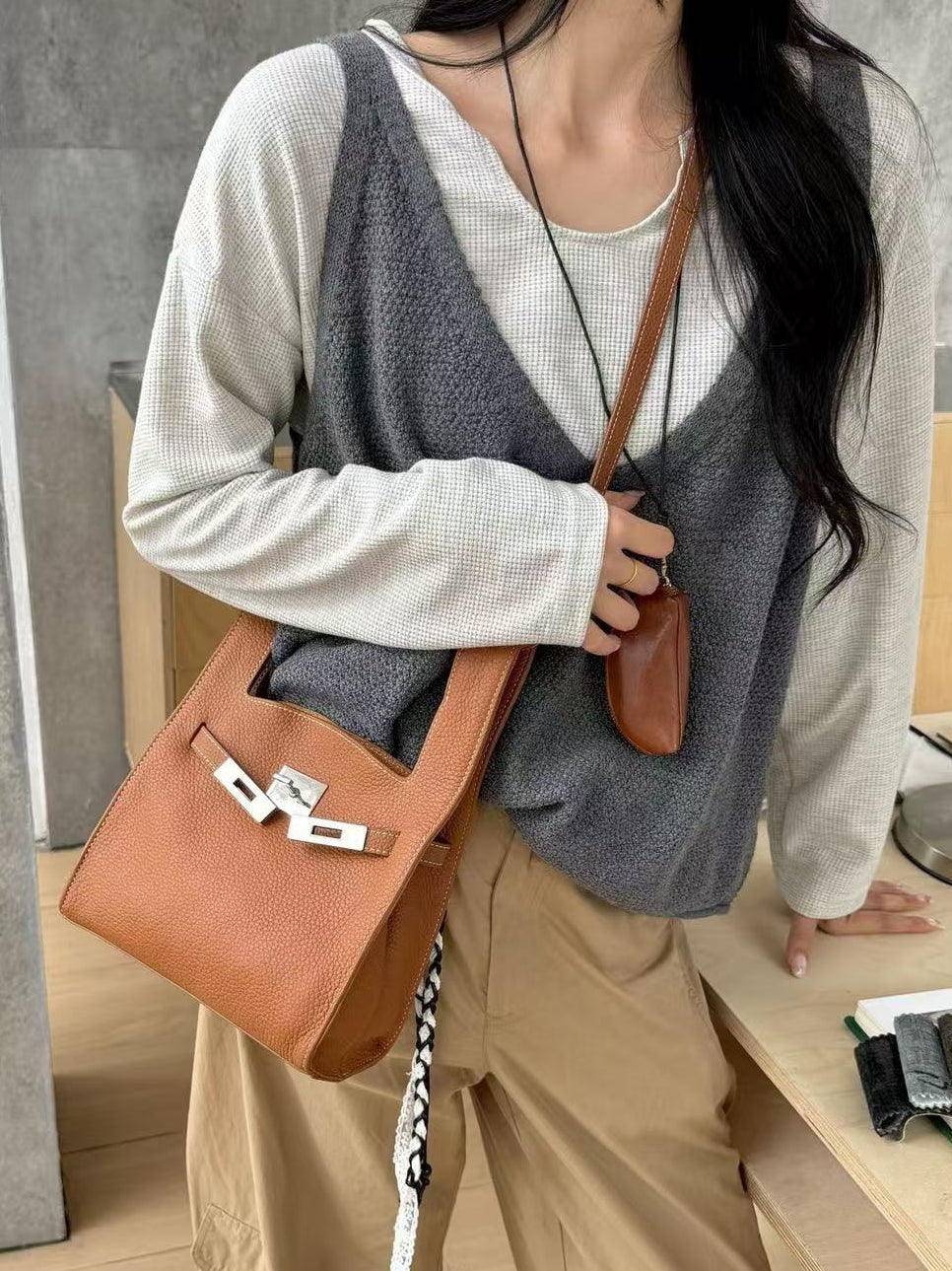 Mini Leather Tote with Turn-Lock Closure and Shoulder Strap