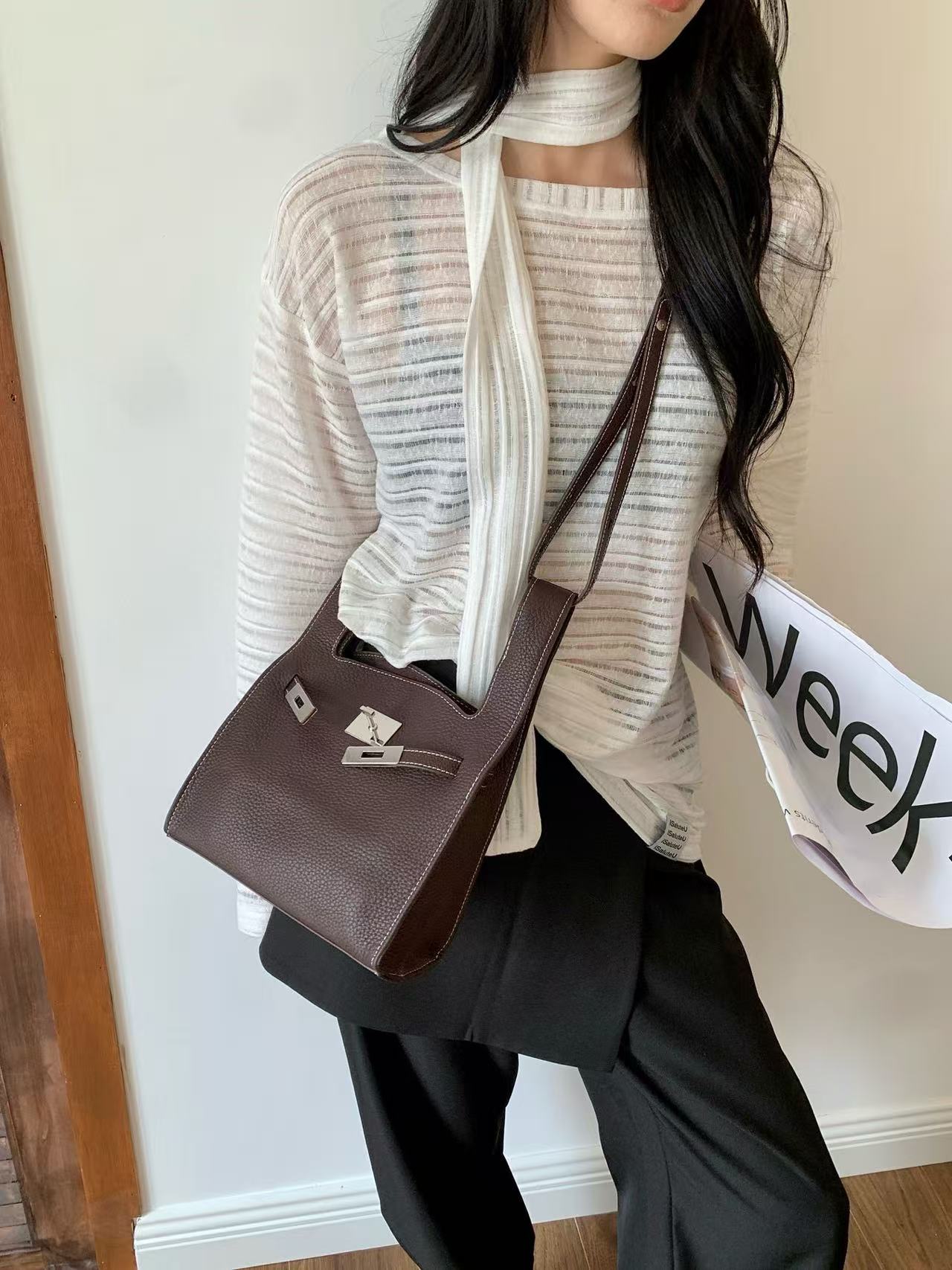 Mini Leather Tote with Turn-Lock Closure and Shoulder Strap