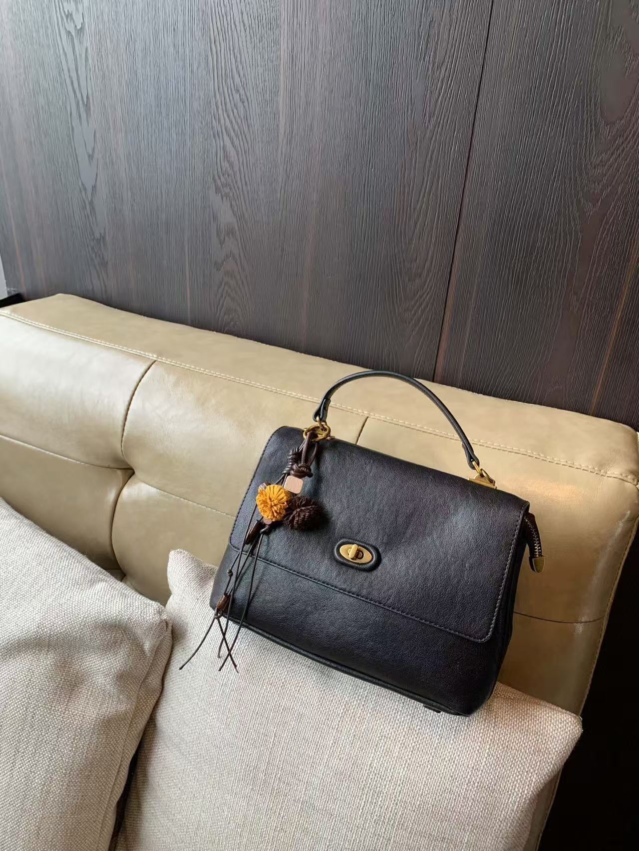 Medium Leather Flap Bag with Turn-Lock & Shoulder Strap